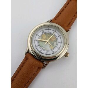 Accutime World Map Watch Women 28mm Case Brown Faux Leather Band- New Battery